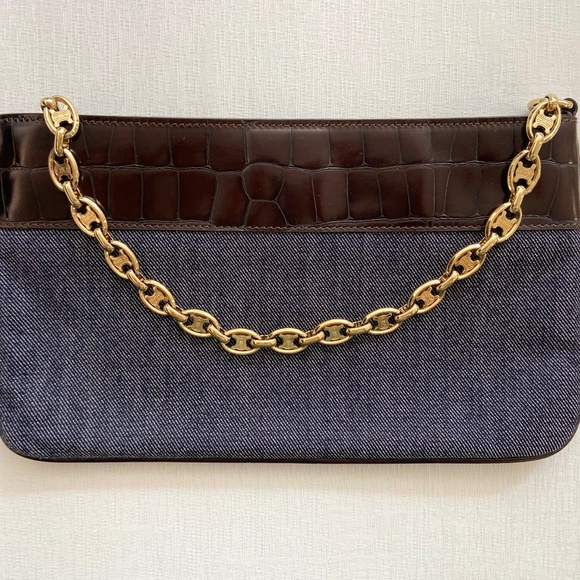 Vintage Celine Triomphe Chain Wristlet / Mini Bag w/ COA – Denim & Croc Embossed - Picture 4 of 16